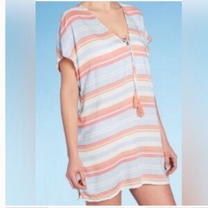 Kona Sol striped V-neck swim cover dress tassel ties multicolor 100% rayon M NWT